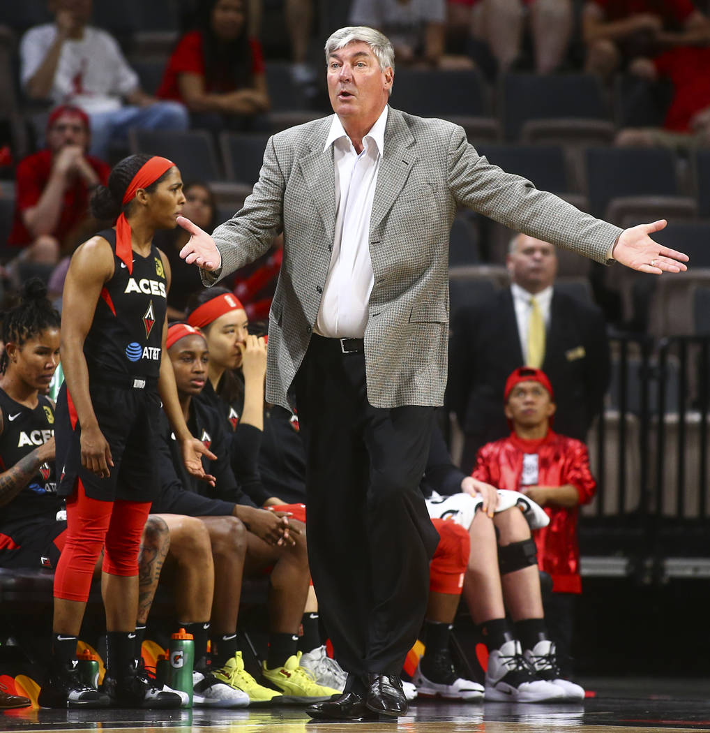 Las Vegas Aces head coach Bill Laimbeer reacts during the second half of a WNBA basketball game ...
