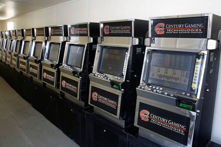 Slot machines are displayed inside a trailer on the Moulin Rouge site on Tuesday, May 29, 2018, ...