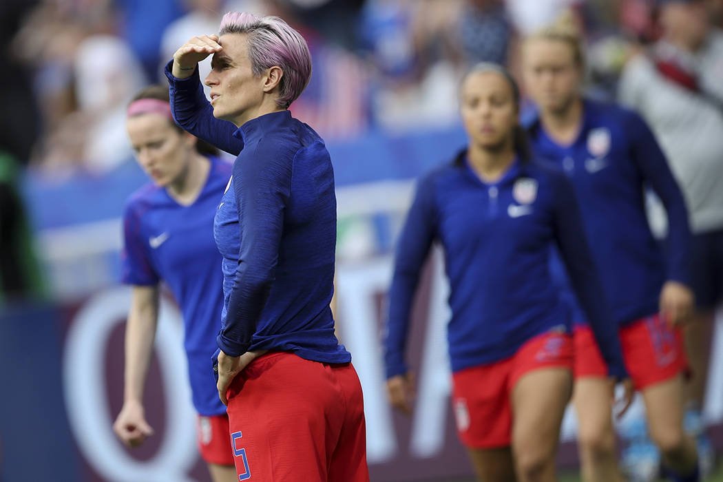 United States' Megan Rapinoe warms up before the Women's World Cup semifinal soccer match betwe ...