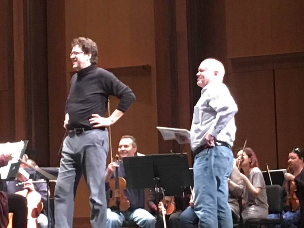 Las Vegas Philharmonic music director Donato Cabrera welcomes composer Michael Torke to a rehea ...