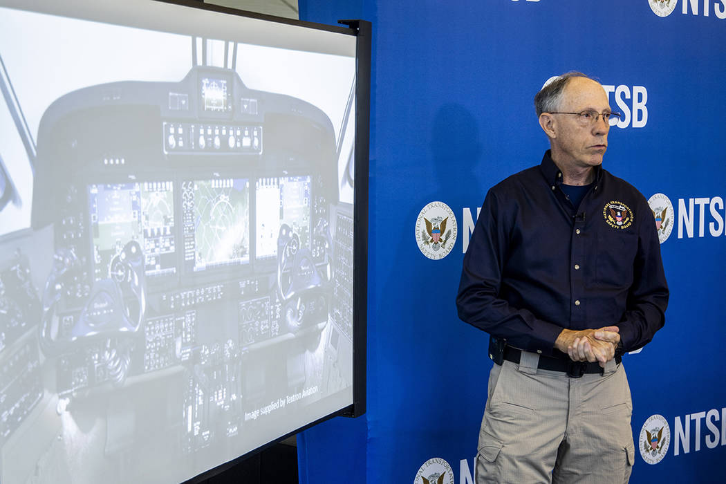 Bruce Landsberg, vice chair of NTSB, gives remarks during a press conference in Million Air Dal ...