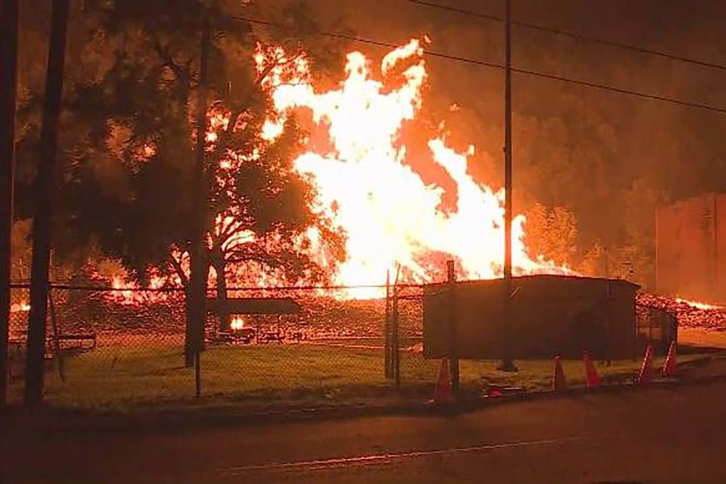 A fire that began late Tuesday, July 2, 2019, is burning about 45,000 barrels of Jim Beam bourb ...