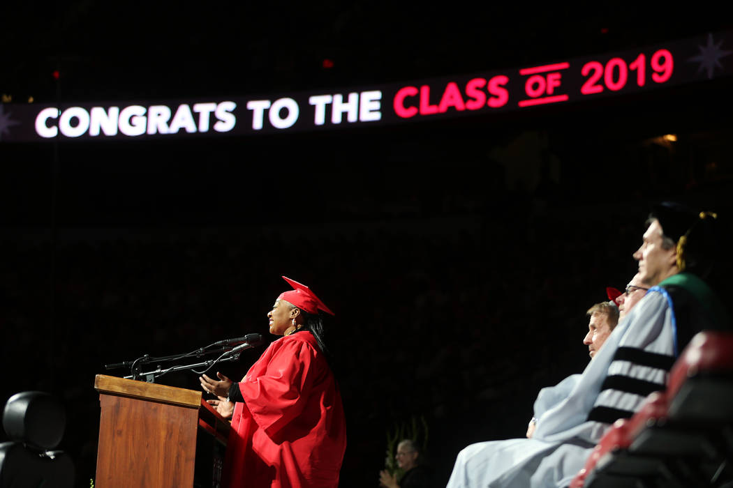 Student commencement speaker Tara Trass gives a speech during the UNLV commencement ceremony at ...