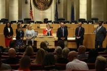 Mayor Carolyn Goodman, center, speaks after a swearing-in ceremony for three new council member ...