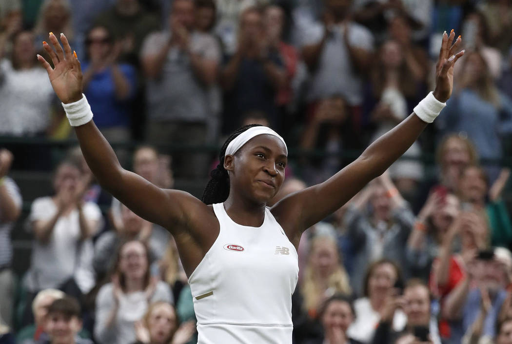 United States' Cori "Coco" Gauff celebrates after beating Slovakia's Magdalena Rybaik ...