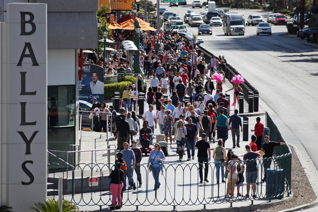 People on the Strip near Flamingo Road in Las Vegas, Thursday, Feb. 28, 2019. (Erik Verduzco/La ...