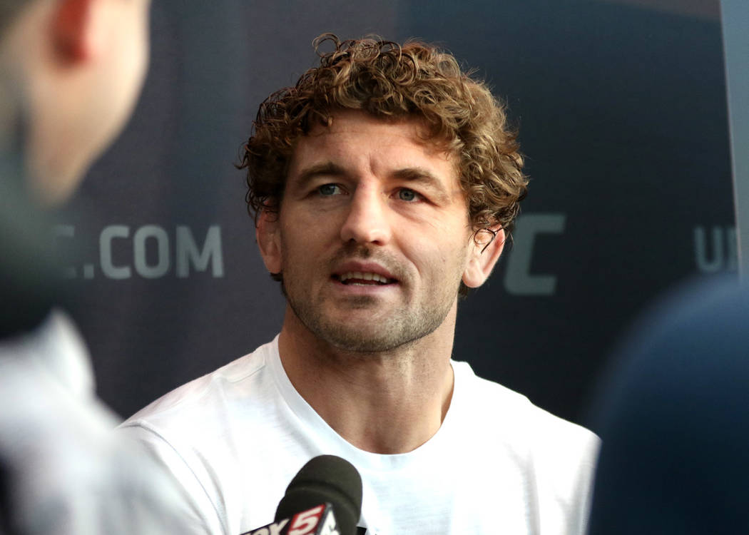 UFC welterweight Ben Askren takes questions from reporters at a media day at the T-Mobile Arena ...