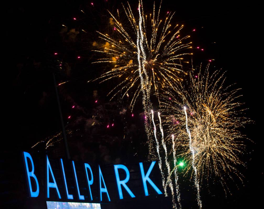 Fireworks go off above Las Vegas Ballpark after the Las Vegas Aviators defeated the Reno Aces 3 ...