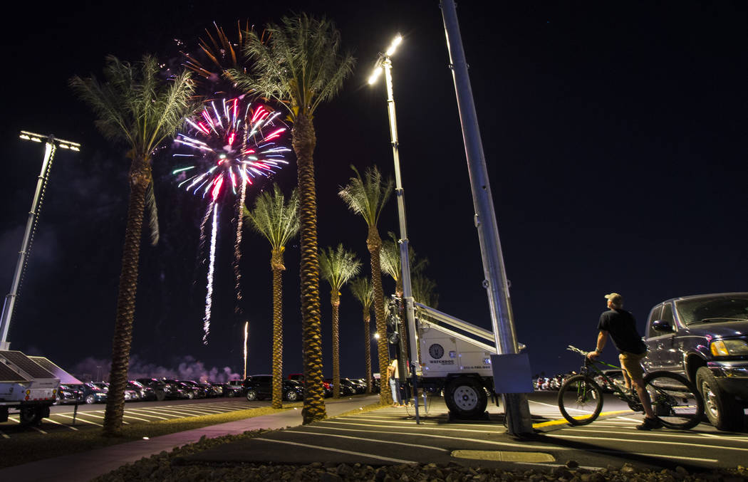 Fireworks go off above Las Vegas Ballpark after the Las Vegas Aviators defeated the Reno Aces 3 ...