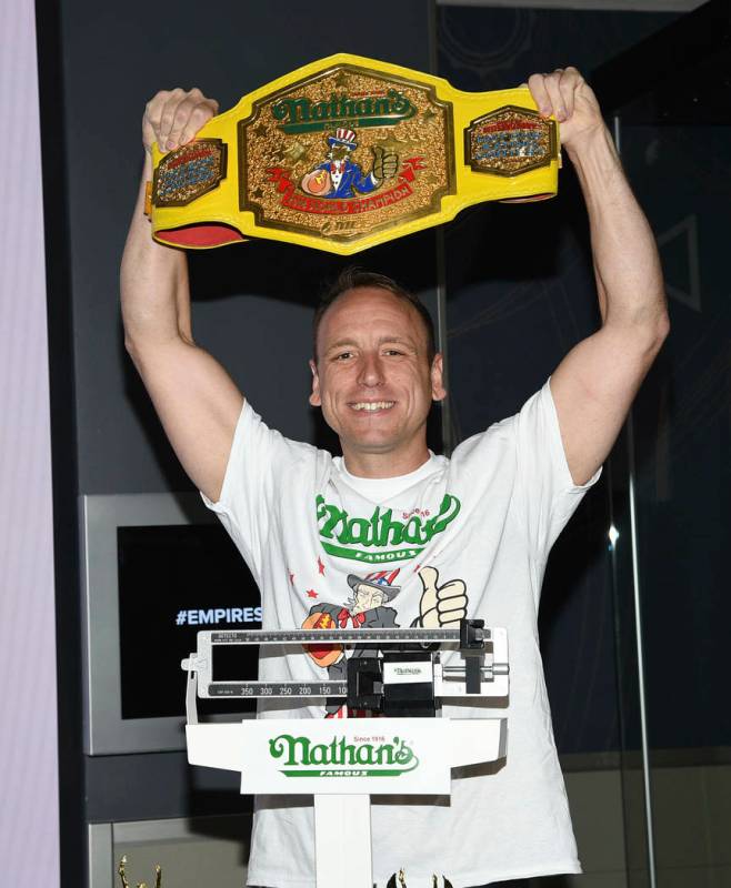 Eleven-time and defending men's champion Joey Chestnut participates in Nathan's Famous internat ...