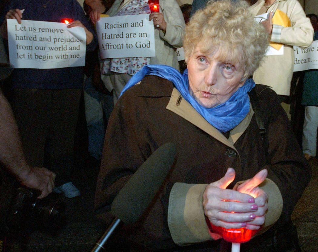 In this Nov. 20, 2003, file photo, Auschwitz survivor Eva Kor talks before the start of a candl ...