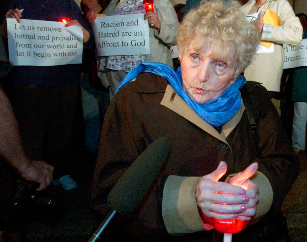 In this Nov. 20, 2003, file photo, Auschwitz survivor Eva Kor talks before the start of a candl ...