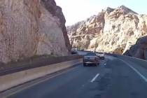 This undated image from video shows vehicles on Interstate 15 traveling through the Virgin Rive ...