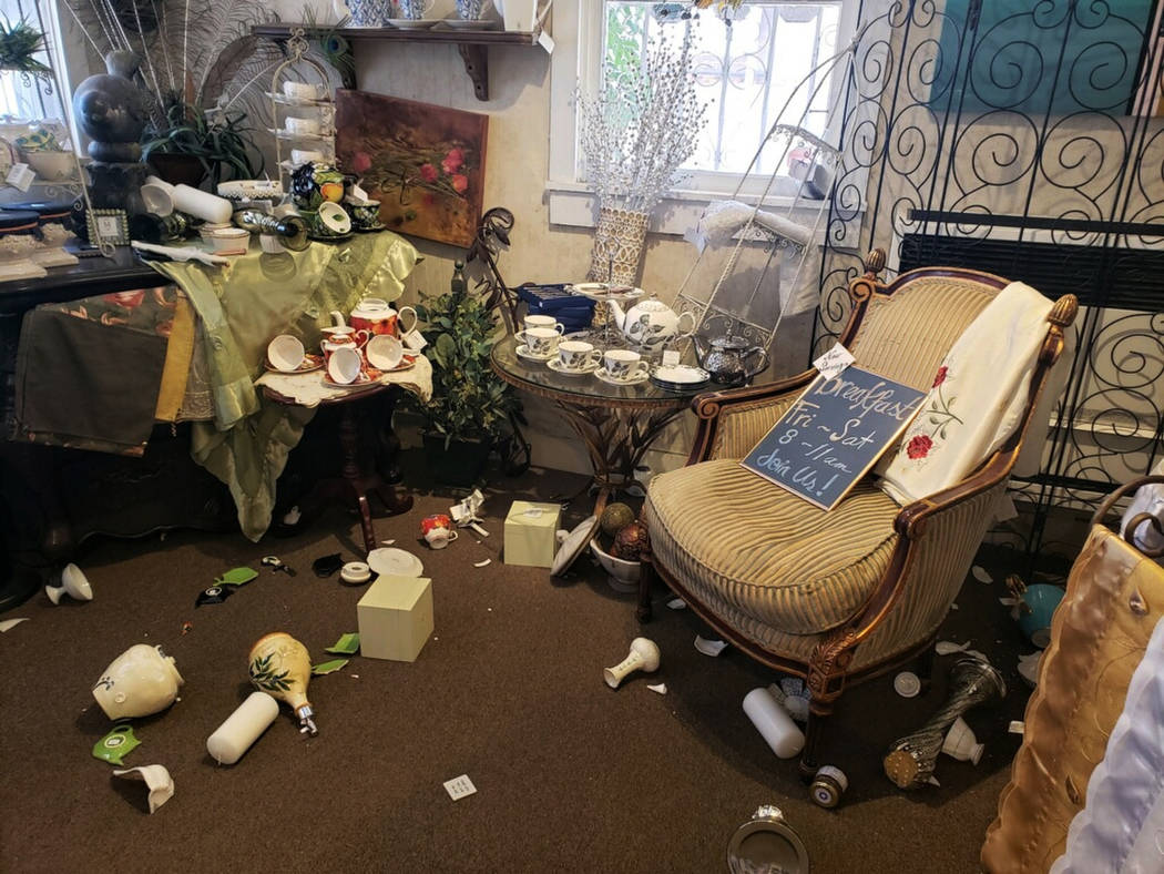 The interior of "My Enchanted Cottage" is seen after an earthquake, Thursday, July 4, ...