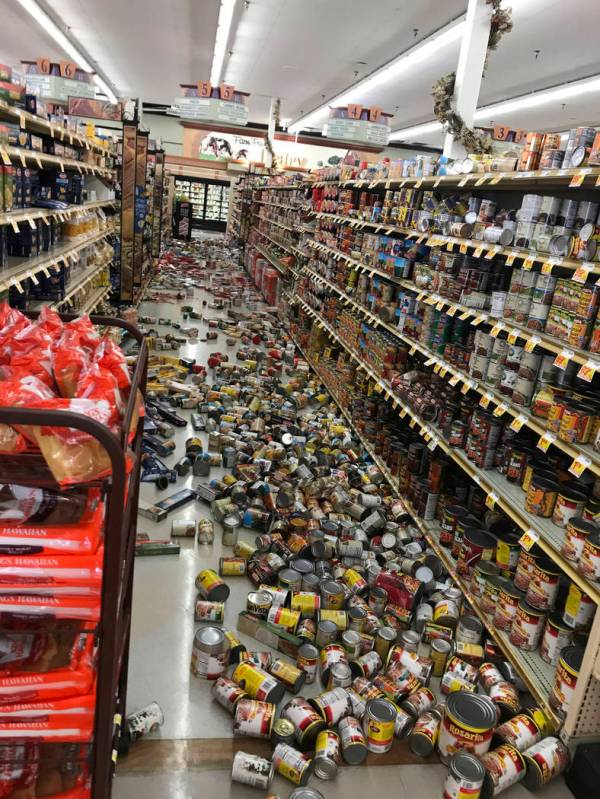 Food fell from shelves at the Stater Bros. in Ridgecrest, Calif., Thursday, July 4, 2019. The s ...