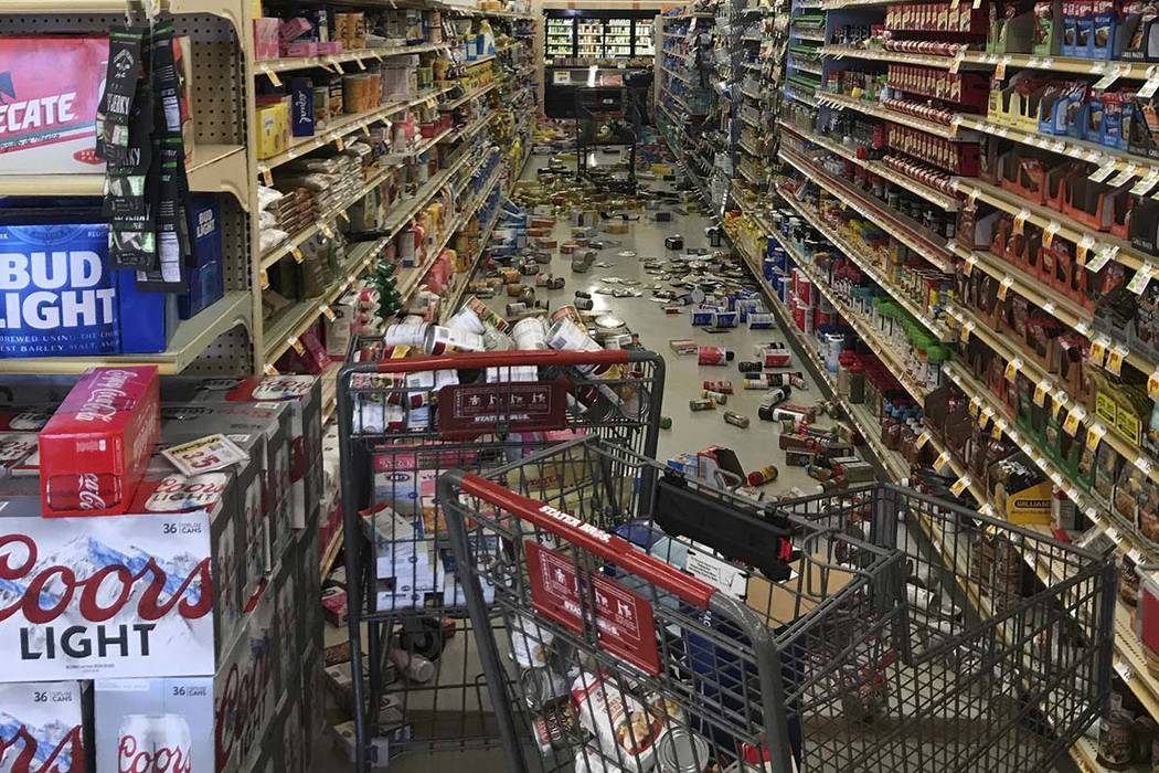 Food fell from shelves at the Stater Bros. in Ridgecrest, Calif., Thursday, July 4, 2019. The s ...