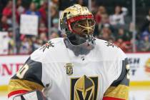 Vegas Golden Knights goaltender Malcolm Subban warms up before the first period of an NHL hocke ...