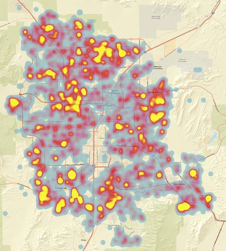 This heat map shows the concentration of complaints about illegal fireworks activity in the Las ...