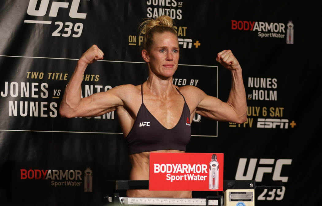 Ahead of UFC 239 on July 6 at the T-Mobile Arena, bantamweight Holly Holm weighs in for her tit ...