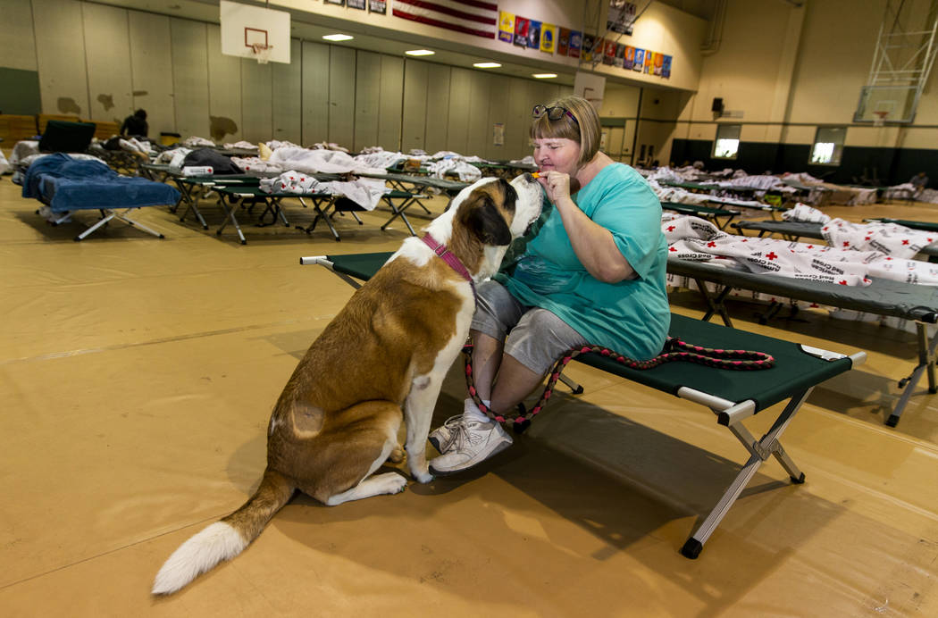 April Hamlin feeds her dog Duchess some crackers while staying at the California Earthquake Cle ...