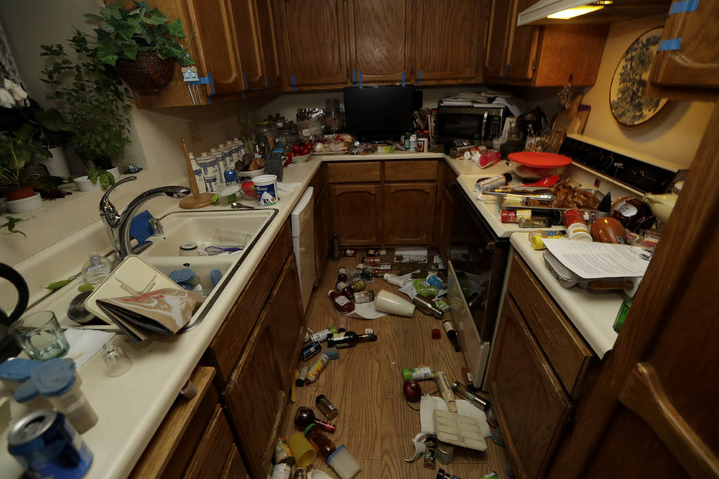 Items are scattered around a kitchen Saturday, July 6, 2019 following a earthquake in Ridgecres ...