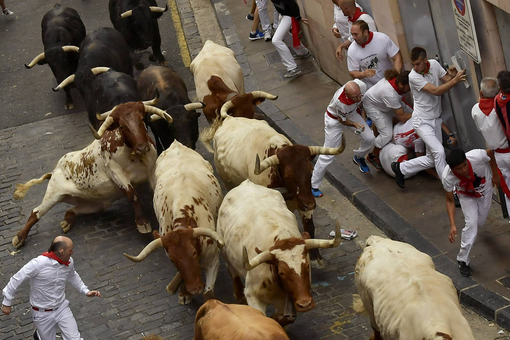 Revellers run next to fighting bulls during the running of the bulls at the San Fermin Festival ...