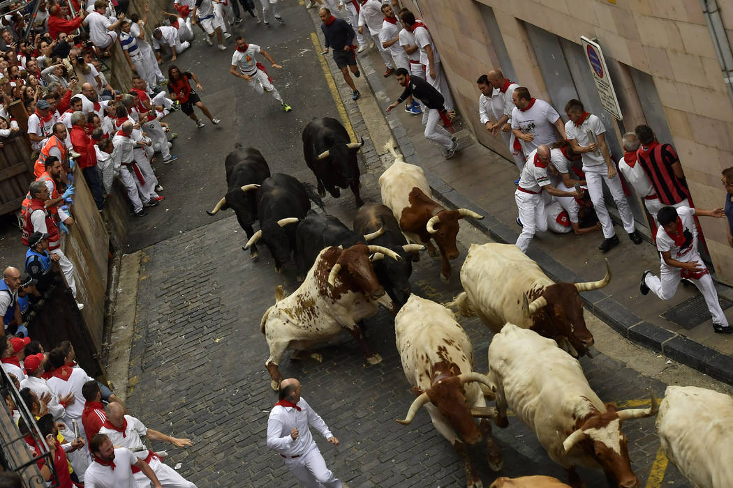 Revellers run next to fighting bulls during the running of the bulls at the San Fermin Festival ...