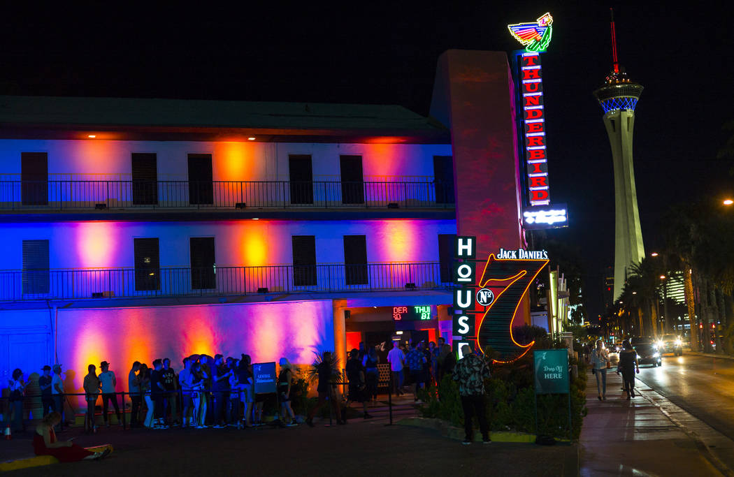 People line up to get into Jack Daniel's House No. 7, a pop-up experience at the Thunderbird Bo ...