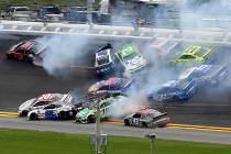 Cars crash, including Alex Bowman (88), Kyle Busch (18), Erik Jones (20), Darrell Wallace Jr. ( ...