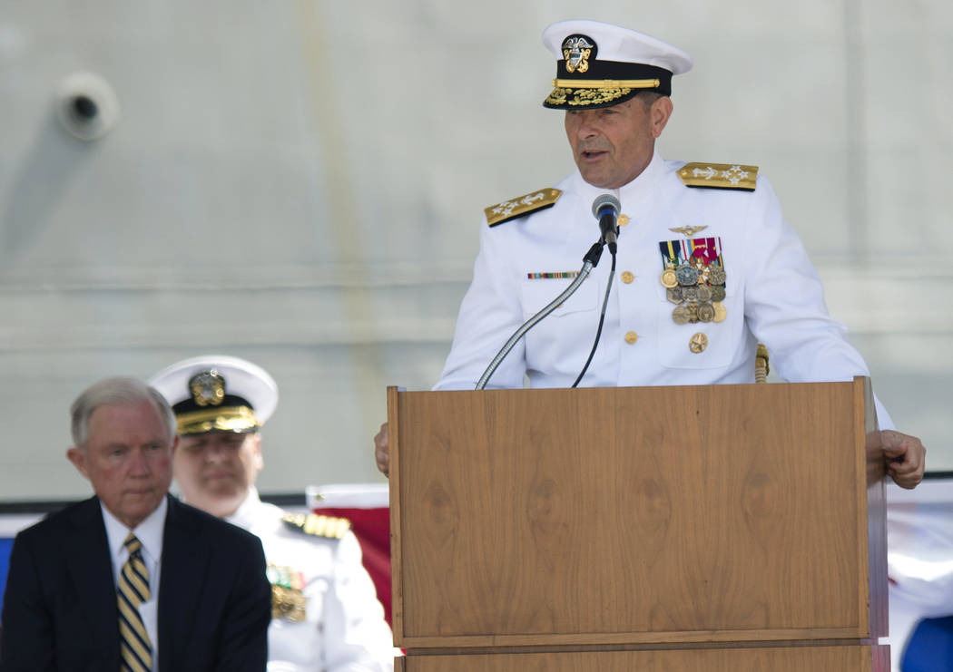 FILE- In this Sept. 10, 2016, file photo. Adm. William Moran speaks during the Commissioning of ...