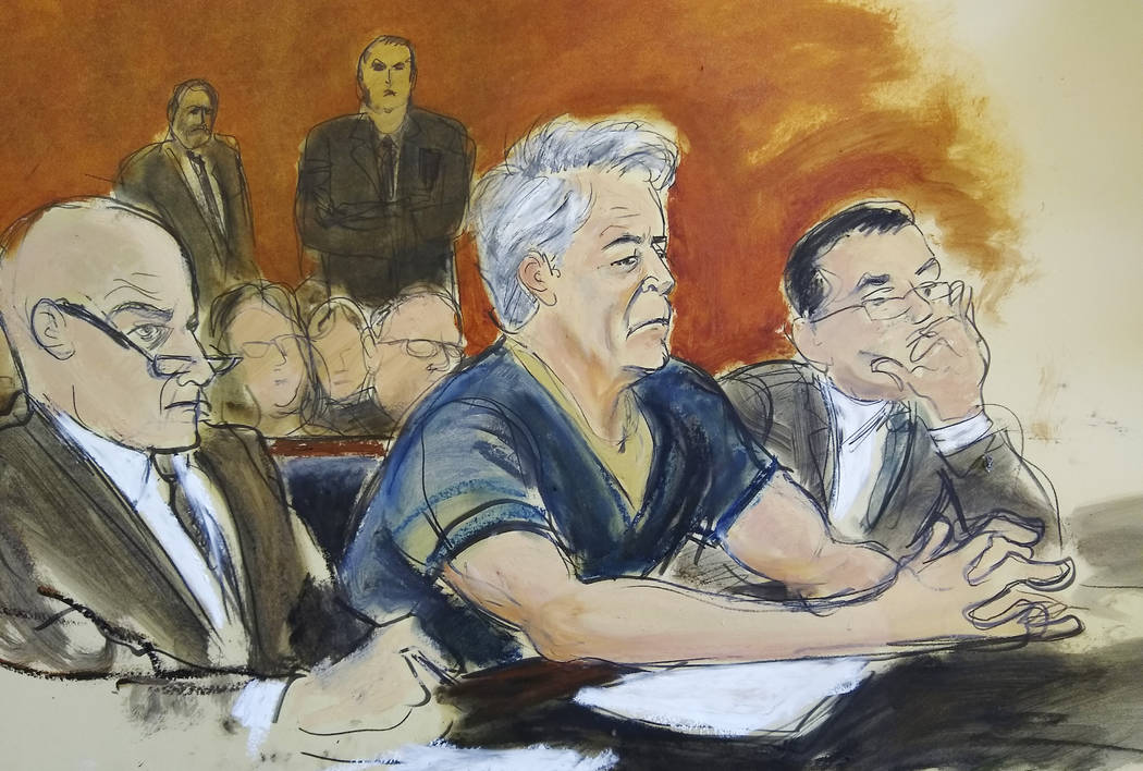 In this courtroom artist's sketch, defendant Jeffrey Epstein, center, sits with attorneys Marti ...