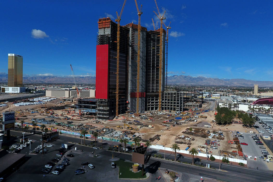 An aerial photo of the Chinese-themed Resorts World Las Vegas under construction on the former ...