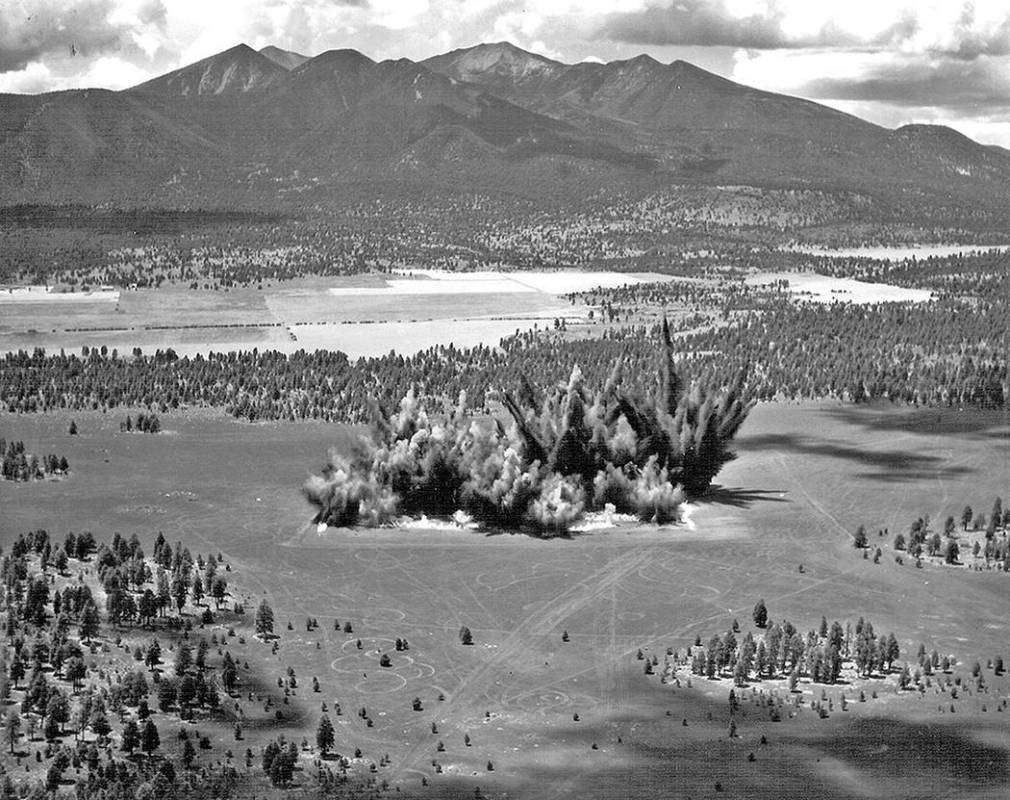 This 1968 photo provided by the U.S. Geological Survey Astrogeology Science Center shows crater ...