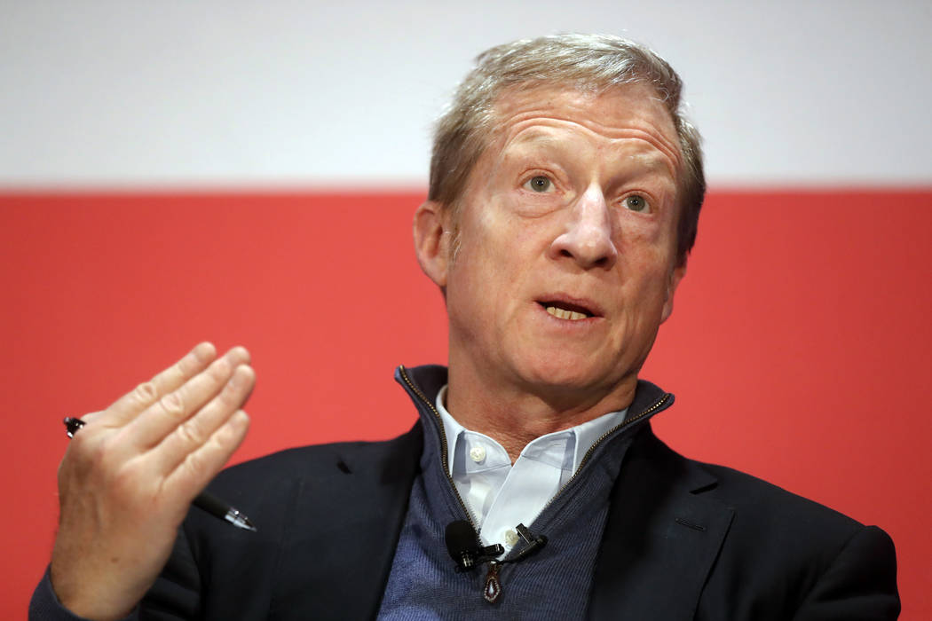 FILE- In this March 16, 2018, file photo political activist Tom Steyer speaks during a "Ne ...