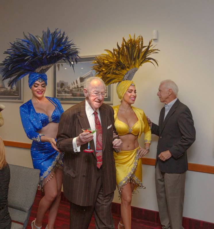 Former Las Vegas Mayor Oscar Goodman celebrates his 80th birthday with showgirls Porsha Revesz, ...