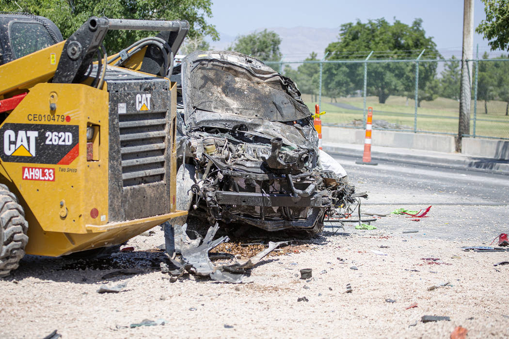 The scene of a fatal crash on West Washington Avenue near Decatur Boulevard on Tuesday, July 9, ...