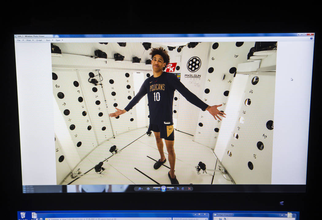 A photo of New Orleans Pelicans' Jaxson Hayes (10) posing in the Pixelgun Studio at the Vegas S ...