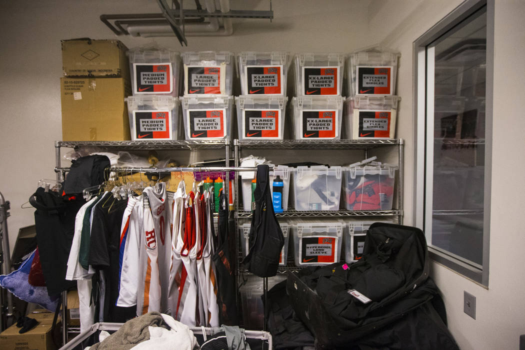 A view of UNLV clothing and accessories in the laundry room beneath Mendenhall Center as basket ...