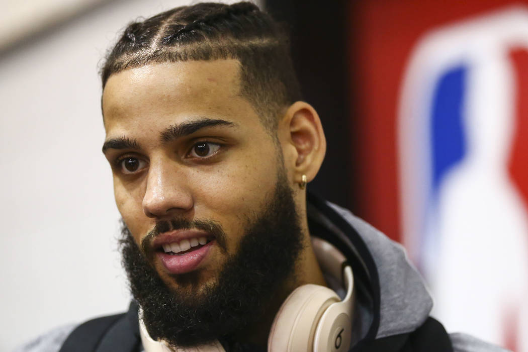 Charlotte Hornets' Cody Martin (11) is interviewed after playing against the Chicago Bulls at t ...