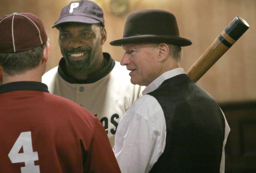 Jim Bouton, right, chairman and CEO of the Vintage Base Ball Federation (VBBF), chat with feder ...