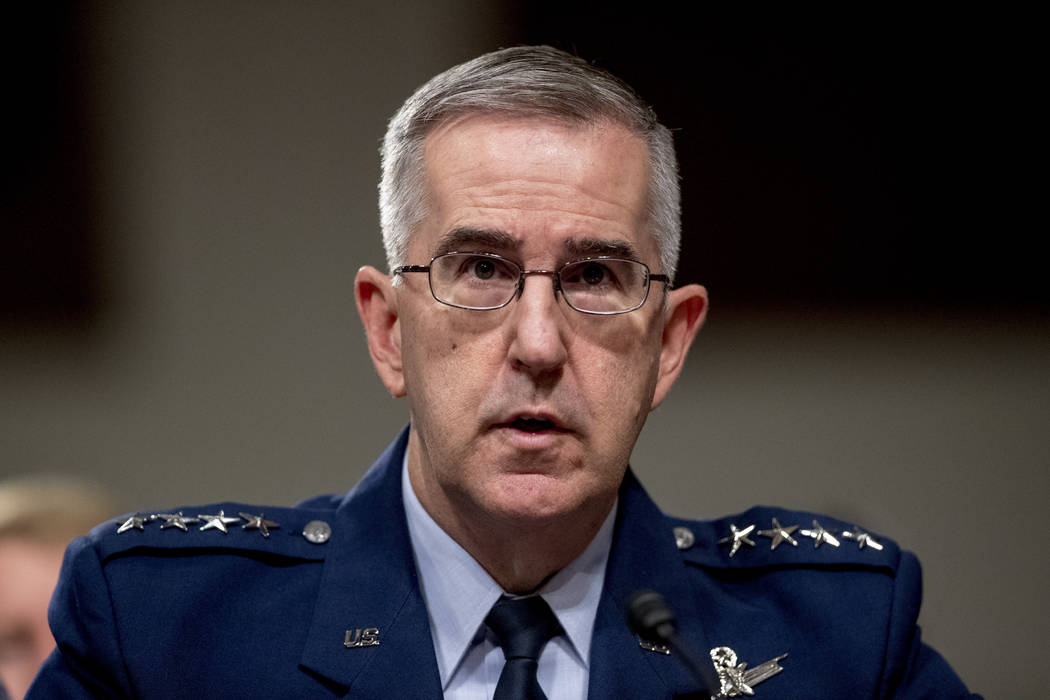 FILE - In this April 11, 2019, file photo, U.S. Strategic Command Commander Gen. John Hyten tes ...