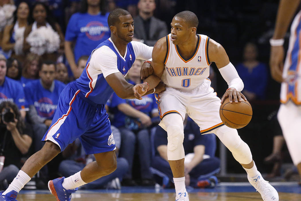 FILE - In this Monday, May 5, 2014 file photo, Oklahoma City Thunder guard Russell Westbrook (0 ...