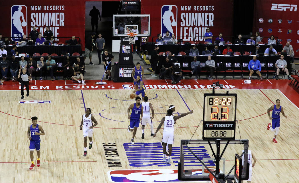 The Los Angeles Lakers and the Golden State Warriors play during their Vegas Summer League game ...