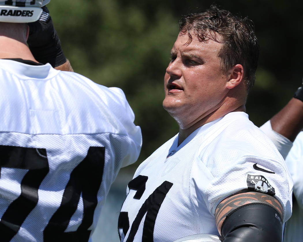 Oakland Raiders center Richie Incognito (64) waits to run a drill during a mandatory mini-camp ...