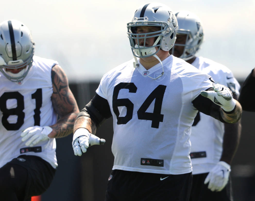 Oakland Raiders offensive guard Richie Incognito (64) warms up during an offseason training ses ...