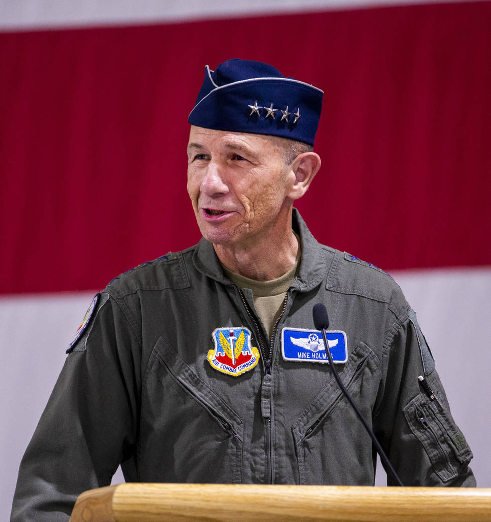 Gen. Mike Holmes, Commander of Air Combat Command, speaks on behalf of Maj. Gen. Charles Corcor ...