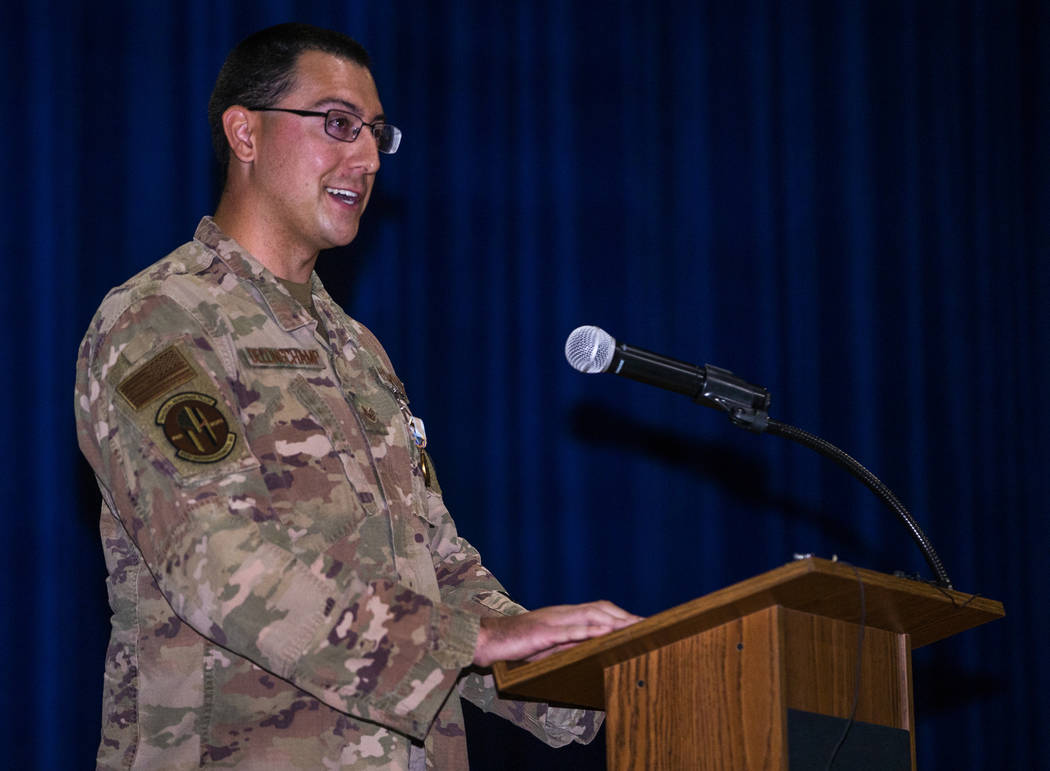Staff Sgt. Kenneth DeLongchamp speaks at Nellis Air Force Base on Friday, July 12, 2019, in Las ...