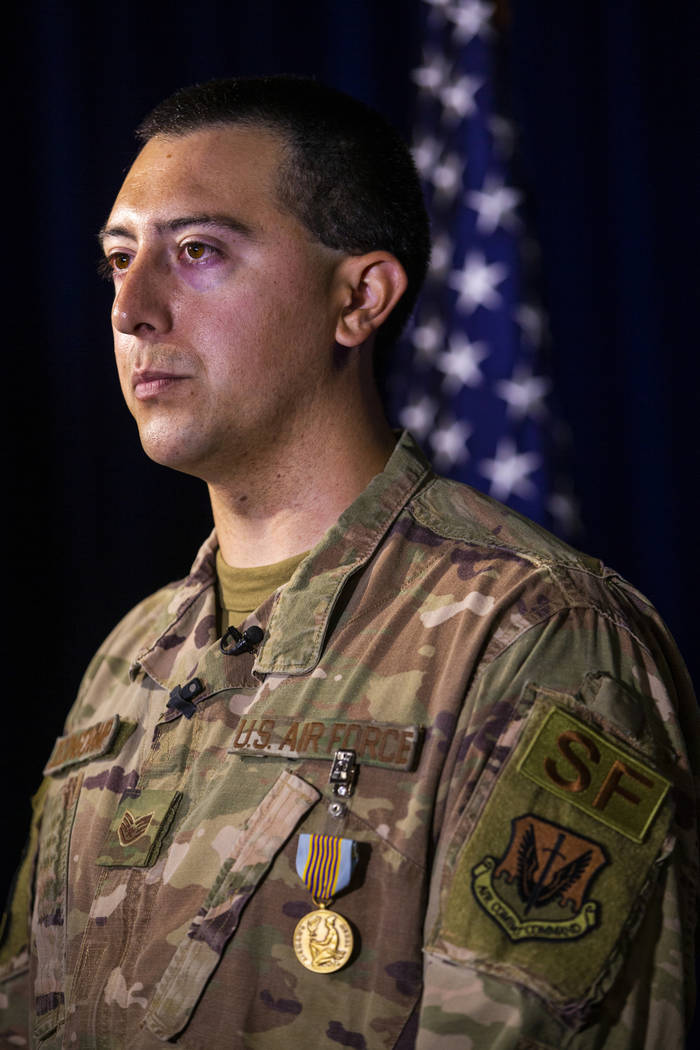 Staff Sgt. Kenneth DeLongchamp is questioned by the media at Nellis Air Force Base on Friday, J ...