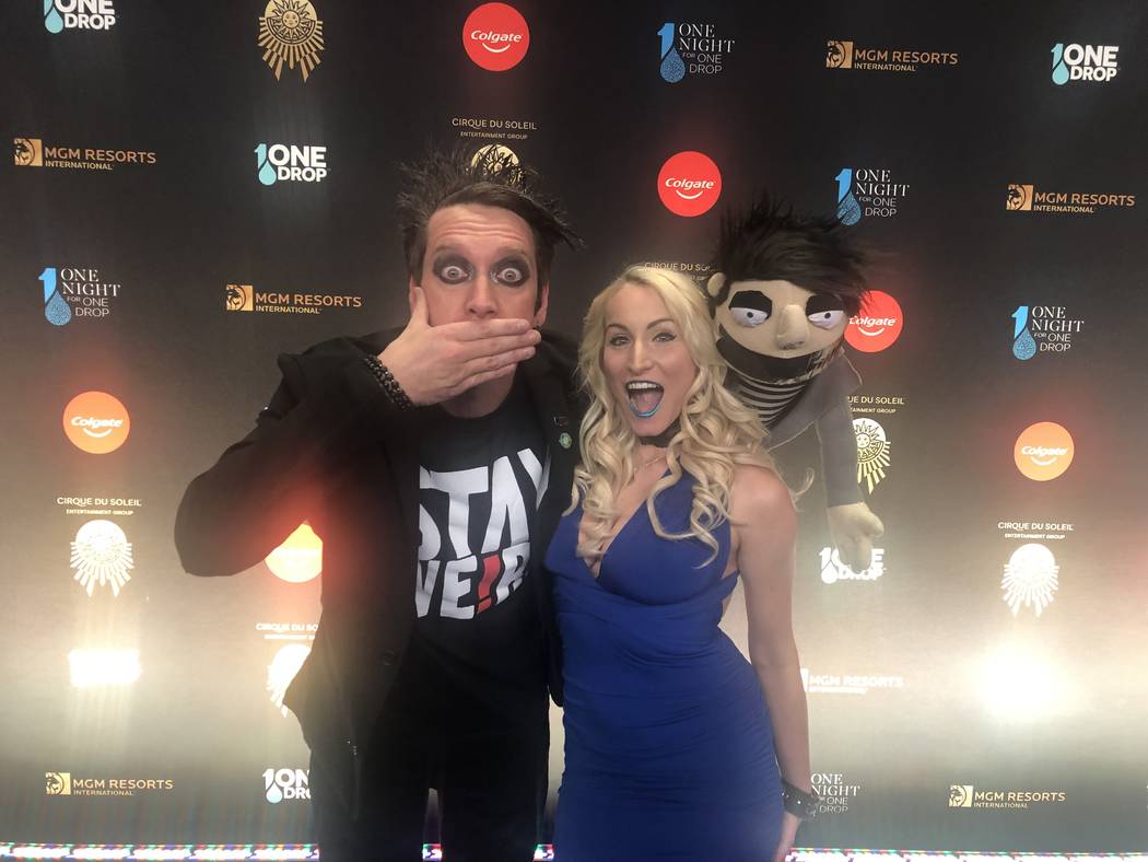 Sam Wills aka Tape Face at Harrah's, and Christina Balonek are shown on the Blue Carpet prior t ...