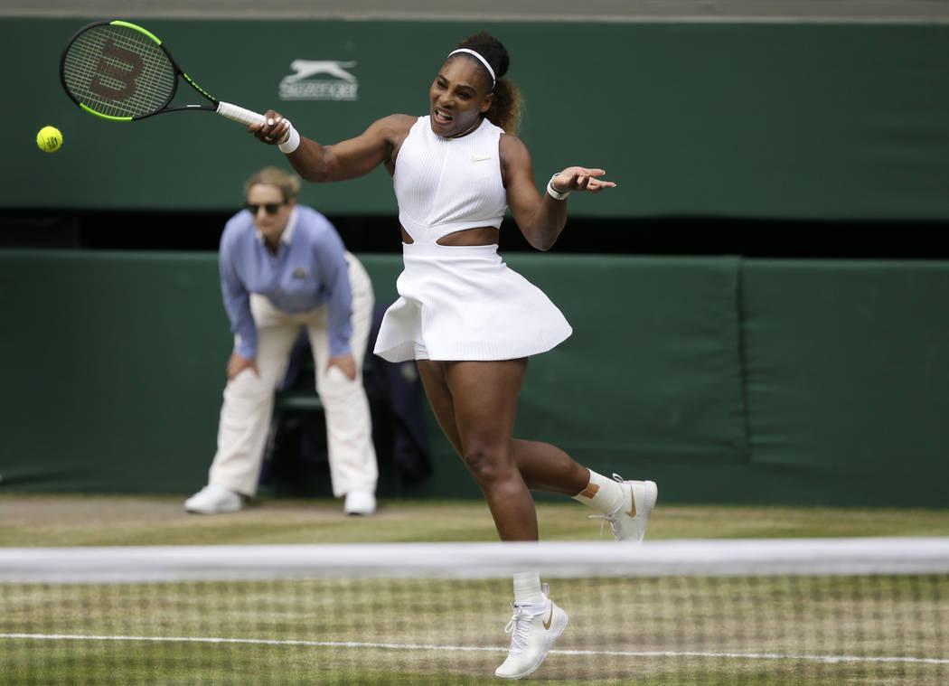 United States' Serena Williams hits a forehand to Romania's Simona Halep during the women's sin ...